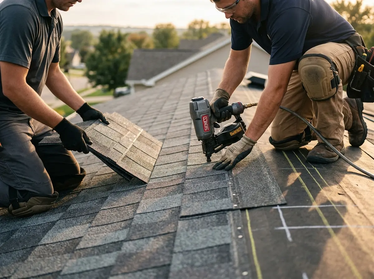 Professional roofer working on a residential roof in Daphne